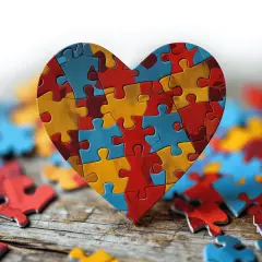 Serce z puzzli symbolizuje złożoność i piękno autyzmu u dorosłych.