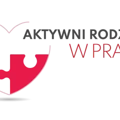Logo z sercem i elementem układanki. Napis: AKTYWNI RODZICE W PRACY.