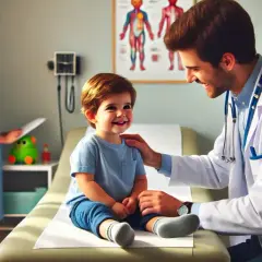 Uśmiechnięty chłopiec u lekarza. **Endokrynolog od czego**? Od troski o zdrowie malucha. Pielęgniarka w tle.