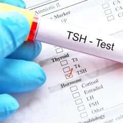 Rękawiczka trzyma probówkę z napisem "TSH - Test". Obok zaznaczono TSH na liście badań hormonalnych, co może być istotne w diagnostyce tsh w ciąży.