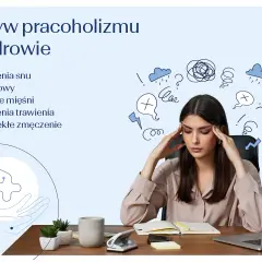 Kobieta z bólem głowy, objaw pracoholizmu. Wpływ na zdrowie: zaburzenia snu, trawienia, zmęczenie.