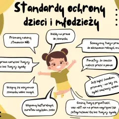 Ilustracja przedstawia dziewczynkę wesoło podskakującą, otoczoną dymkami z hasłami o ochronie dzieci. Jej radosny temperament podkreśla hasło "Każdy ma prawo do szacunku".