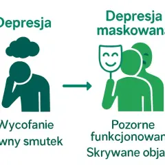 Depresja jawna (smutek, wycofanie) przechodzi w depresję maskowaną (pozorne funkcjonowanie, ukryte objawy).