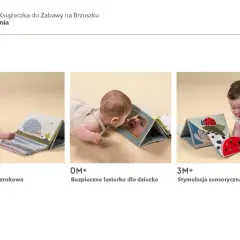 Niemowlę bawi się miękką książeczką sensoryczną, która stymuluje zmysły.