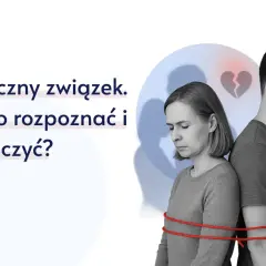 Para spięta czerwoną liną, symbolizująca toksyczny związek. Złamane serce na tle.