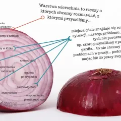 Cebula symbolizuje **choroby psychosomatyczne**. Warstwy to problemy, które chcemy omawiać, i te, które ukrywamy, np. ból gardła zamiast problemów w pracy.