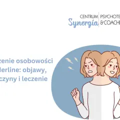 Ilustracja przedstawia dwie twarze tej samej osoby, symbolizujące zmienne nastroje w zaburzeniu borderline. Wskazuje na objawy, przyczyny i leczenie.
