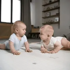 Dwa niemowlaki na macie, jedno w niebieskim, drugie w białym body, patrzą na siebie. Ich mimika może sugerować niestabilność emocjonalną.