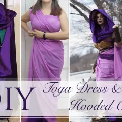 Jak zrobić strój boga greckiego z prześcieradła: DIY toga dress i kaptur. Fioletowa tkanina tworzy elegancką suknię i pelerynę.