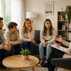 Rodzina podczas terapii systemowej. Terapeuta rozmawia z rodzicami i dwójką dzieci, siedząc naprzeciwko nich.