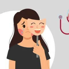 Dziewczyna płacze, ukrywając smutek za uśmiechniętą maską. Obraz symbolizuje problemy ze zdrowiem psychicznym i potrzebę wsparcia.