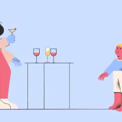Kobieta z drinkiem i chłopiec z miną "dda co to?". Dwa światy, jedna przestrzeń.