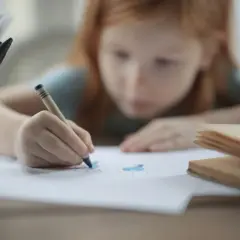 Dziewczynka z rudymi włosami rysuje kredką, rozwijając swoją samoświadomość poprzez twórczość.