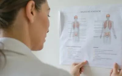 Lekarka analizuje schemat układu kostnego, zastanawiając się, czy do neurologa potrzebne jest skierowanie.