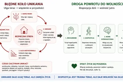 Cykl unikania: napad paniki, unikanie, ulga krótkotrwała, zawężanie życia. Droga do wolności: zrozumienie, ekspozycja, nowe doświadczenia, wolność.