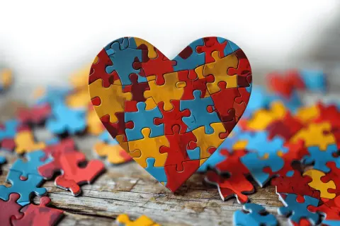 Serce z puzzli symbolizuje złożoność i piękno autyzmu u dorosłych.
