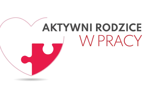 Logo z sercem i elementem układanki. Napis: AKTYWNI RODZICE W PRACY.