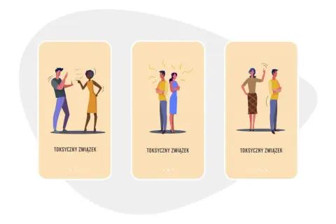 Ilustracje pokazują pary w konfliktach, symbolizujące 6 typowych zachowań w toksycznym związku.