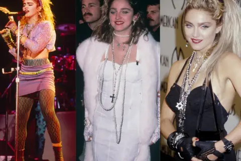 Ikona lat 80. Madonna w trzech odsłonach: na scenie w fioletowej mini, na czerwonym dywanie w białej sukni i białym futrze, oraz w czarnej kreacji z mnóstwem biżuterii. Idealny pomysł na przebranie lata 80.!