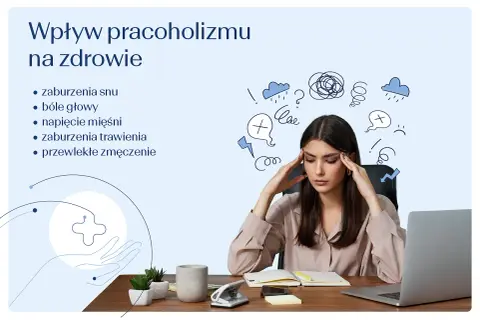 Kobieta z bólem głowy, objaw pracoholizmu. Wpływ na zdrowie: zaburzenia snu, trawienia, zmęczenie.