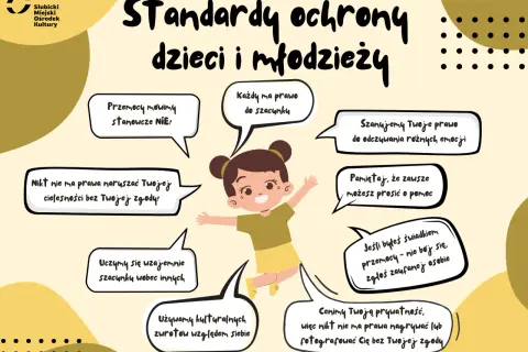 Ilustracja przedstawia dziewczynkę wesoło podskakującą, otoczoną dymkami z hasłami o ochronie dzieci. Jej radosny temperament podkreśla hasło "Każdy ma prawo do szacunku".