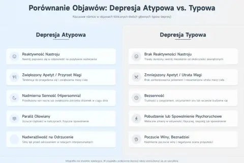 Porównanie objawów depresji atypowej i typowej: reaktywność nastroju, apetyt, senność, paraliż ołowiany, nadwrażliwość na odrzucenie.