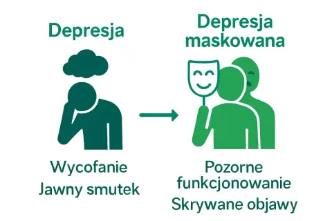 Depresja jawna (smutek, wycofanie) przechodzi w depresję maskowaną (pozorne funkcjonowanie, ukryte objawy).
