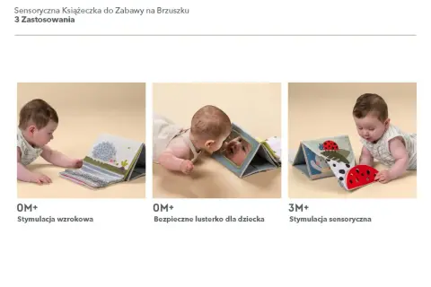 Niemowlę bawi się miękką książeczką sensoryczną, która stymuluje zmysły.