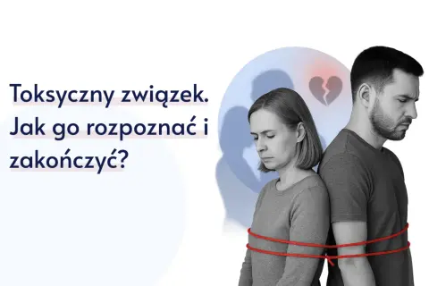 Para spięta czerwoną liną, symbolizująca toksyczny związek. Złamane serce na tle.