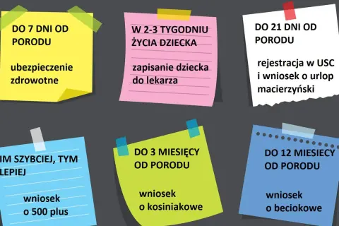 Lista formalności po urodzeniu dziecka: ubezpieczenie zdrowotne, rejestracja dziecka, wniosek o 500+, kosiniakowe i beciokowe.