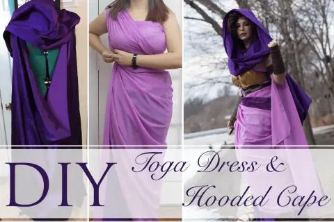 Jak zrobić strój boga greckiego z prześcieradła: DIY toga dress i kaptur. Fioletowa tkanina tworzy elegancką suknię i pelerynę.