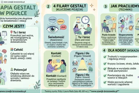 Gestalt co to? Terapia skupiona na świadomości, tu i teraz, kontakcie, całości i potencjale. Ilustracje pokazują kluczowe pojęcia i techniki.