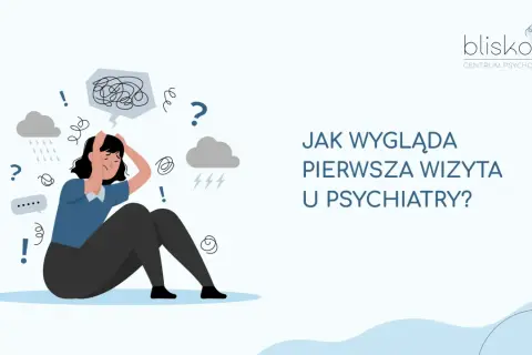Kobieta zmartwiona, otoczona symbolami chaosu i pytań, przygotowuje się na wizytę u psychiatry.