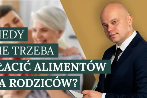 Prawnik wyjaśnia, kiedy nie trzeba płacić alimentów na rodzica. Tło: para seniorów i mężczyzna w garniturze.