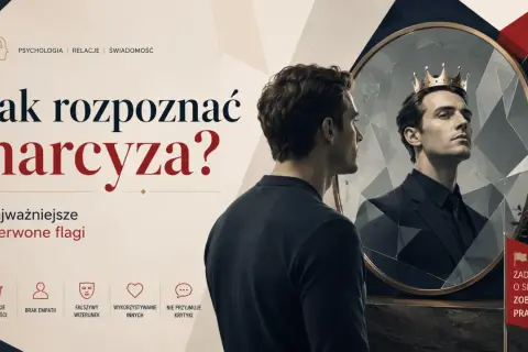 Mężczyzna w lustrze widzi siebie w koronie, symbolizując narcyzm wrażliwy. Obraz sugeruje, że za fasadą wyższości kryje się kruchość.
