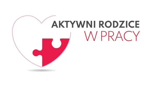 Logo z sercem i elementem układanki. Napis: AKTYWNI RODZICE W PRACY.