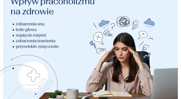 Kobieta z bólem głowy, objaw pracoholizmu. Wpływ na zdrowie: zaburzenia snu, trawienia, zmęczenie.
