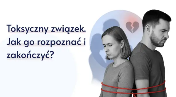 Para spięta czerwoną liną, symbolizująca toksyczny związek. Złamane serce na tle.