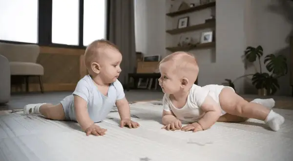 Dwa niemowlaki na macie, jedno w niebieskim, drugie w białym body, patrzą na siebie. Ich mimika może sugerować niestabilność emocjonalną.