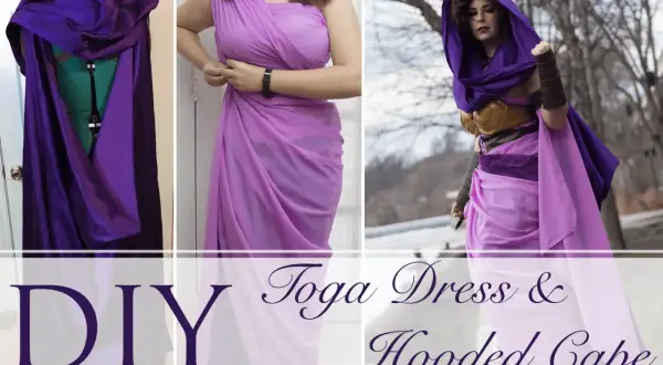 Jak zrobić strój boga greckiego z prześcieradła: DIY toga dress i kaptur. Fioletowa tkanina tworzy elegancką suknię i pelerynę.