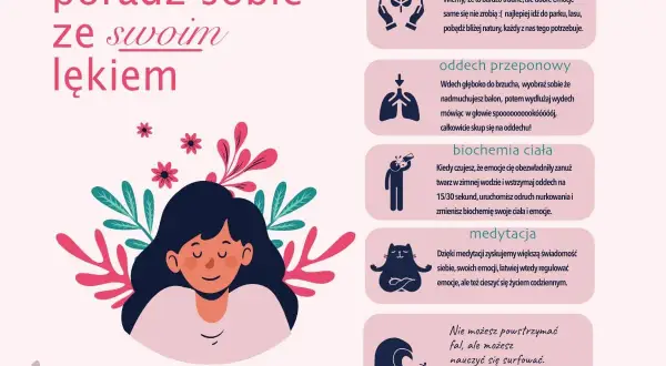 Ilustracja pokazuje spokojną dziewczynę otoczoną kwiatami i liśćmi, z tekstem "poradź sobie ze swoim lękiem". Obok znajdują się porady, jak radzić sobie z lękiem.