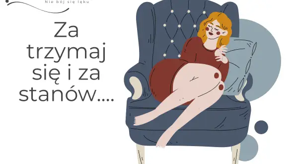 Kobieta w fotelu, zamyślona, może doświadczać zaburzeń lękowych objawów. Tekst: "Zatrzymaj się i za stanów...".