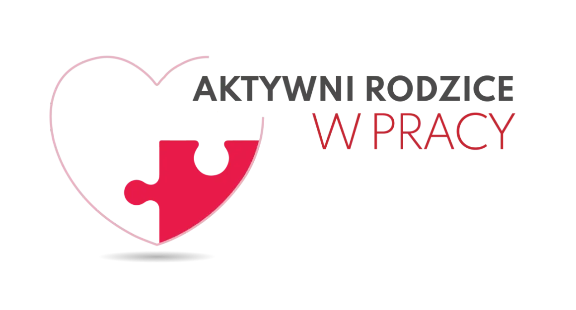Logo z sercem i elementem układanki. Napis: AKTYWNI RODZICE W PRACY.