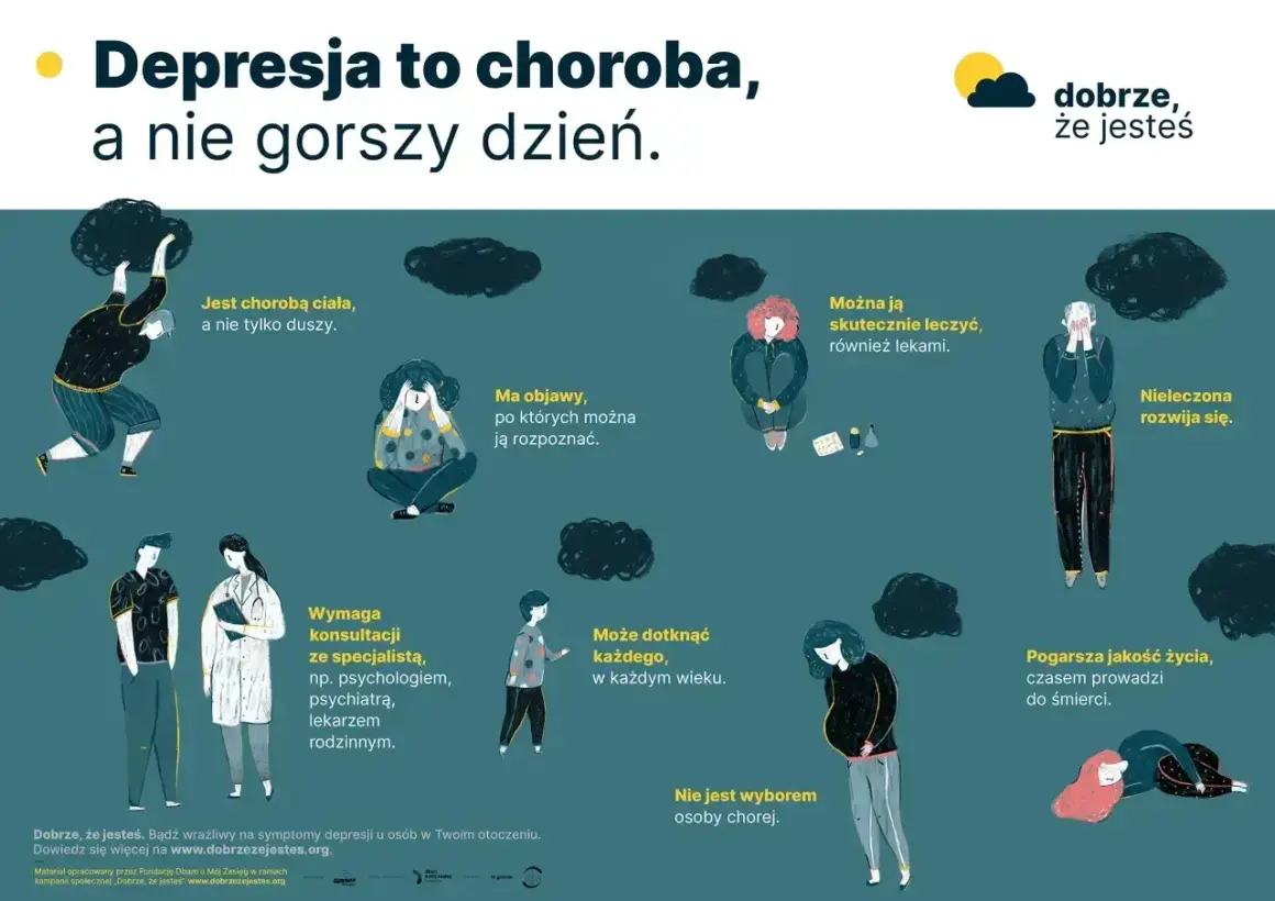 Ilustracja pokazuje różne osoby zmagające się z depresją lękową, podkreślając, że to choroba, którą można leczyć.