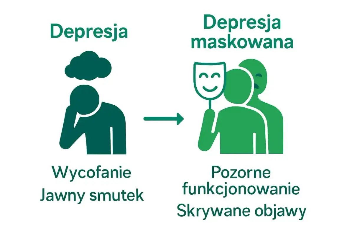 Depresja jawna (smutek, wycofanie) przechodzi w depresję maskowaną (pozorne funkcjonowanie, ukryte objawy).