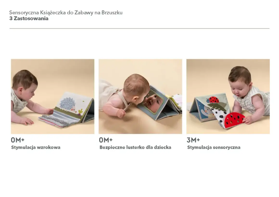 Niemowlę bawi się miękką książeczką sensoryczną, która stymuluje zmysły.
