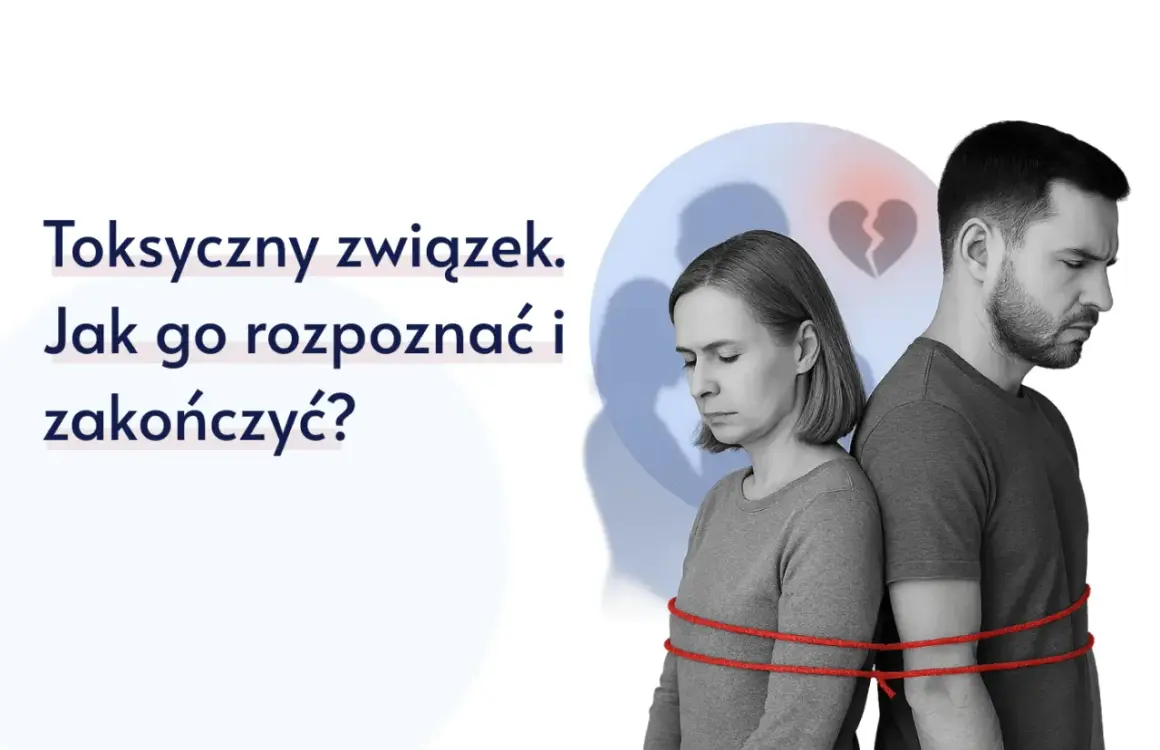 Para spięta czerwoną liną, symbolizująca toksyczny związek. Złamane serce na tle.