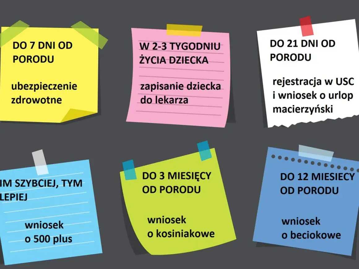 Lista formalności po urodzeniu dziecka: ubezpieczenie zdrowotne, rejestracja dziecka, wniosek o 500+, kosiniakowe i beciokowe.