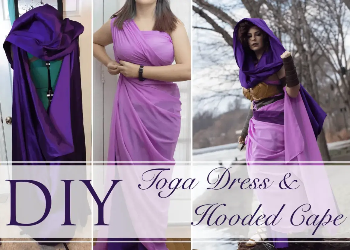 Jak zrobić strój boga greckiego z prześcieradła: DIY toga dress i kaptur. Fioletowa tkanina tworzy elegancką suknię i pelerynę.