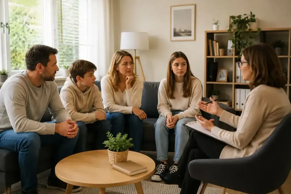Rodzina podczas terapii systemowej. Terapeuta rozmawia z rodzicami i dwójką dzieci, siedząc naprzeciwko nich.